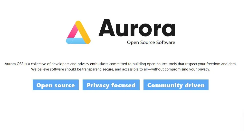 Aurora OSS homepage screenshot showing open source software branding and privacy-focused platform features