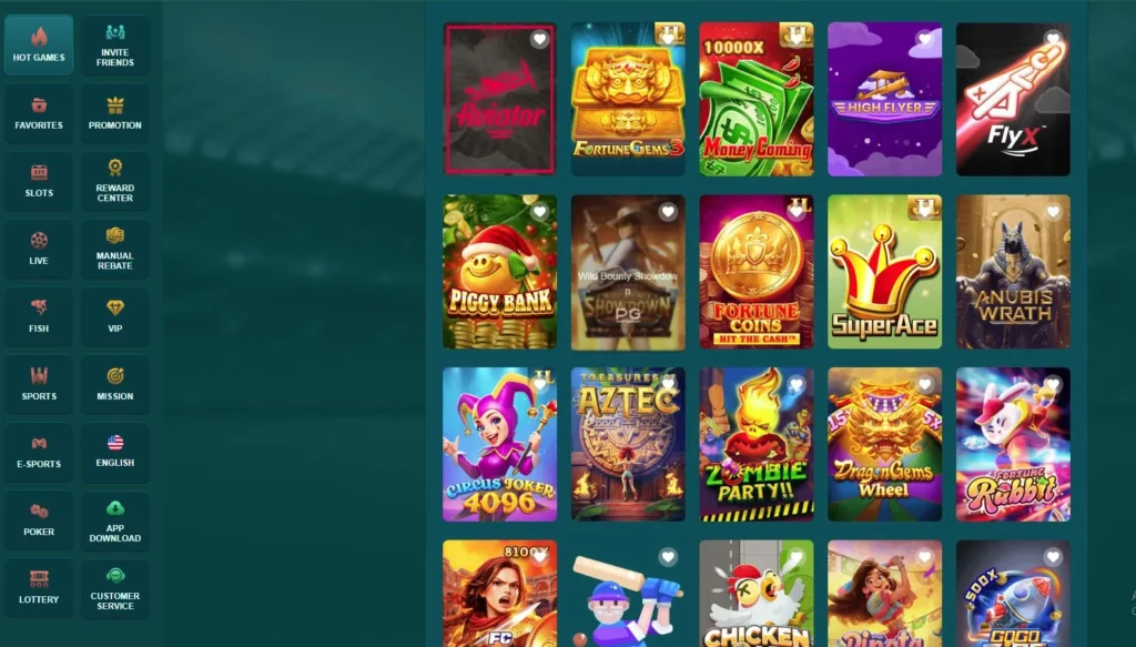 Different types of game options in CD22 Game showing Aviator, Fortune Gems, Piggy Bank, FlyX, Fortune Coins, Anubis Wrath, Dragon Gems Wheel, and more