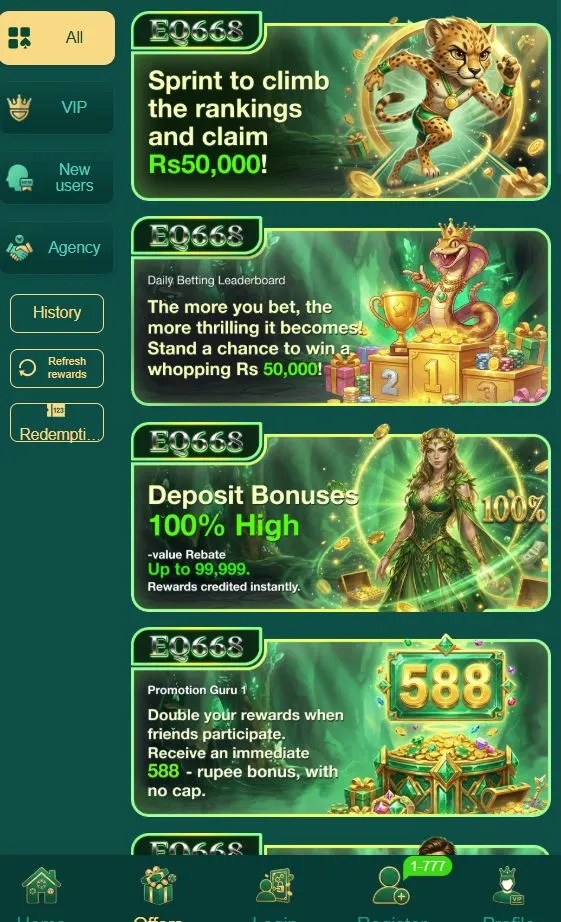 Bonuses and Promotions in EQ668 app showing leaderboard rewards, deposit bonus offers, referral rewards, and cashback-style promotions