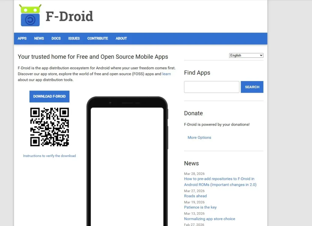 Screenshot of F-Droid homepage showing open source Android app store, search section, and download button