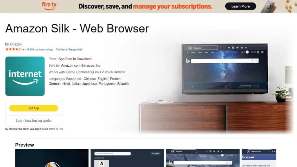 Amazon Silk web browser app page on Amazon showing free download option