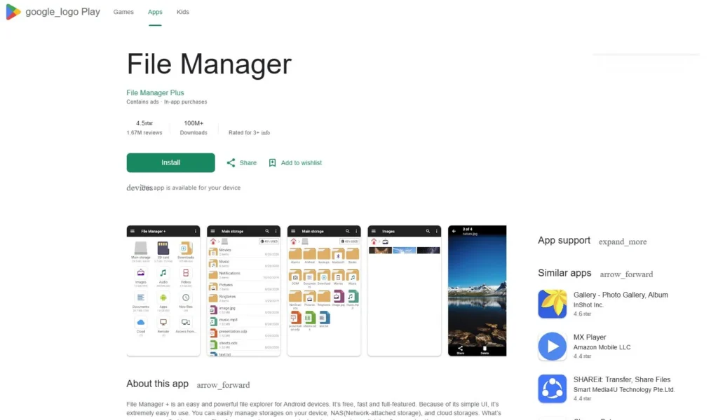 Google Play Store File Manager app page showing install button and app details