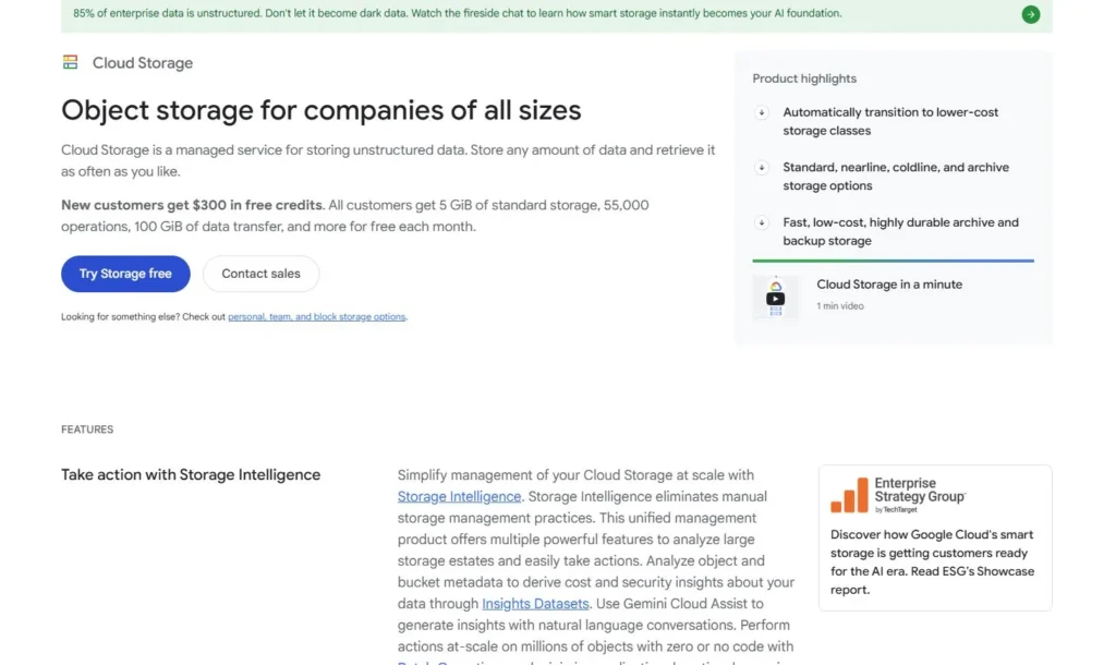 Google Cloud Storage page for object storage for companies of all sizes