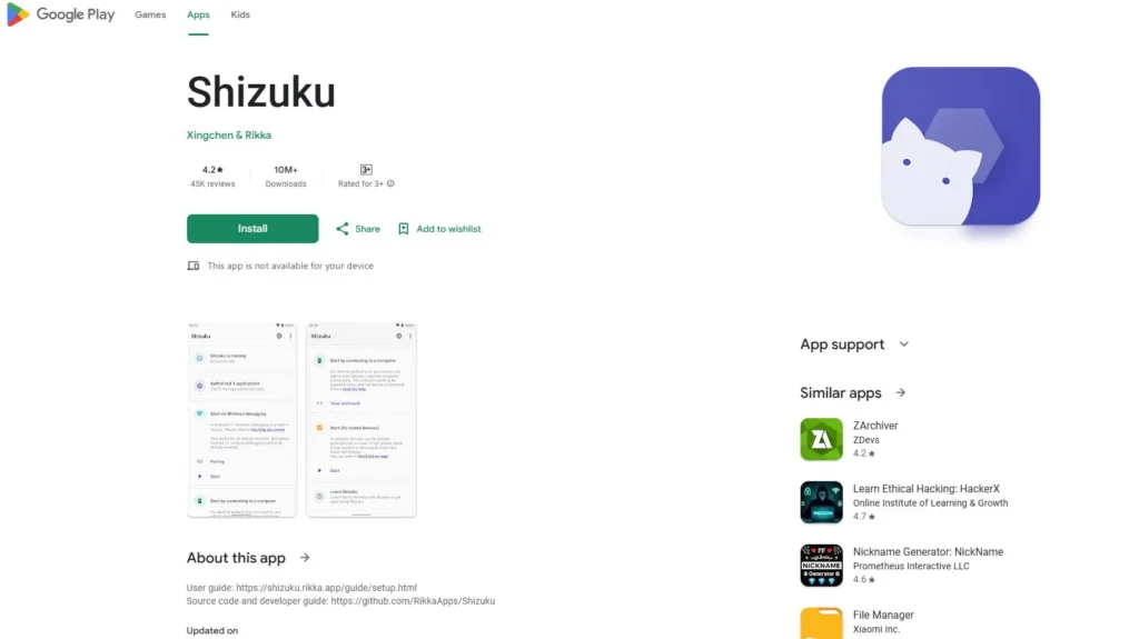 Google Play Store Shizuku app page showing install button and app details