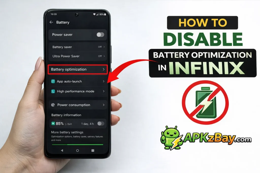 How to disable battery optimization in Infinix screenshot with APKzBay.com branding