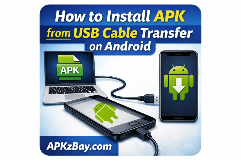 How to install APK from USB cable transfer on Android featured image showing laptop, USB cable, APK icon, Android phones, and APKzBay.com