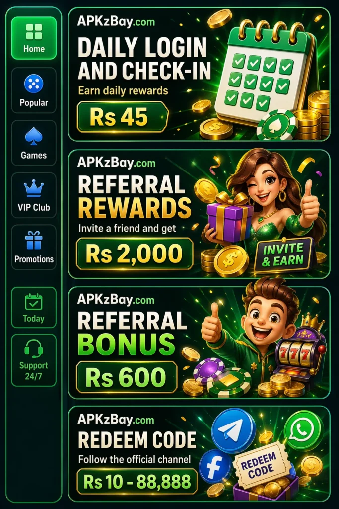 345Win Game APK promotional screen showing daily login rewards, referral bonus, redeem code offers, APKzBay.com branding, coins, and casino-style game icons