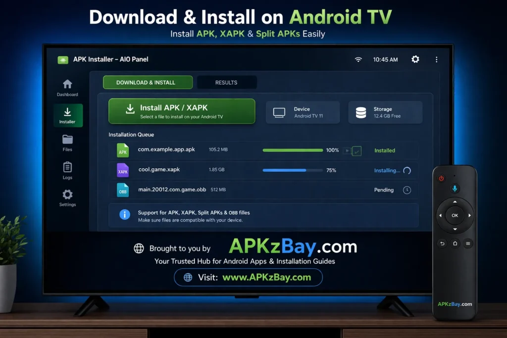 Android TV APK and XAPK installer screenshot with APKzBay.com branding, install progress panel, file list, and remote control