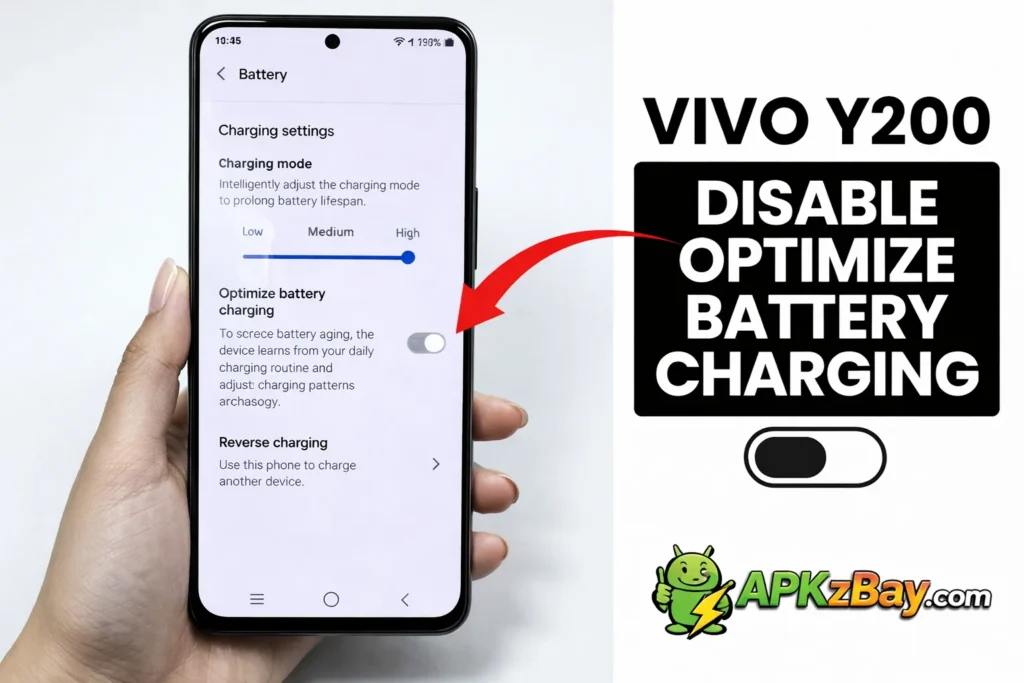 Vivo Y200 disable optimize battery charging screenshot with girl hand and APKzBay.com branding