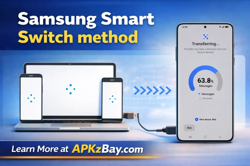 Samsung Smart Switch method showing data transfer from laptop and devices to Samsung phone with APKzBay.com branding