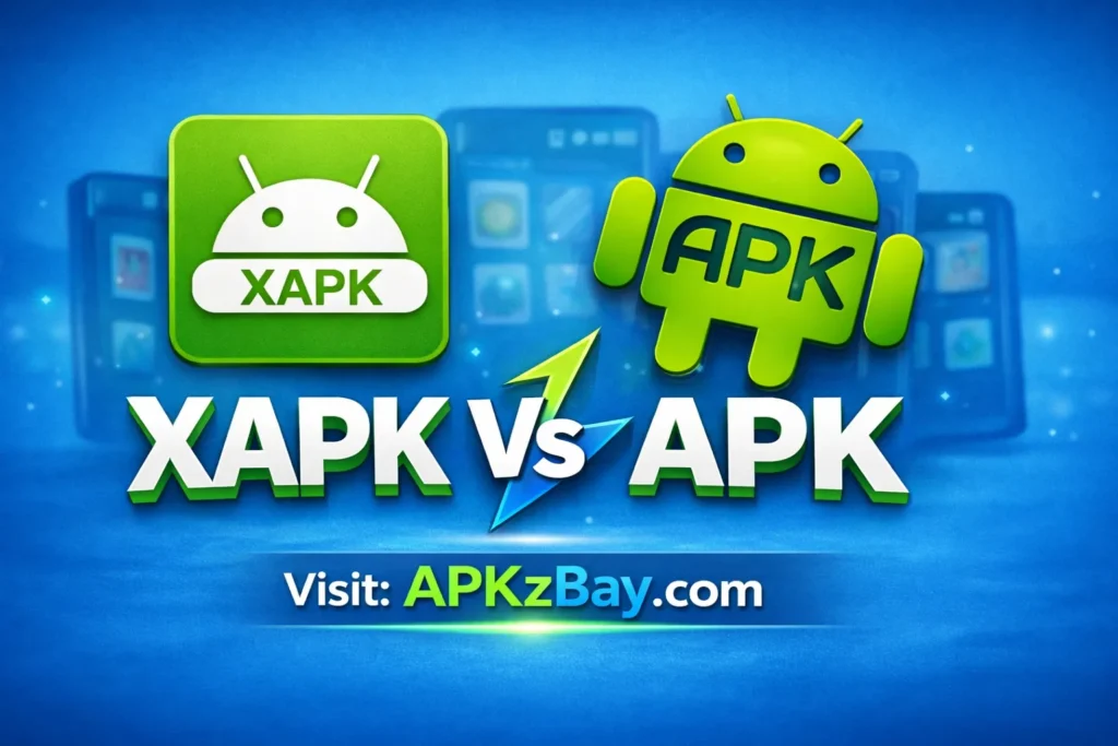 XAPK vs APK comparison image with Android icons, blue background, and APKzBay.com website branding