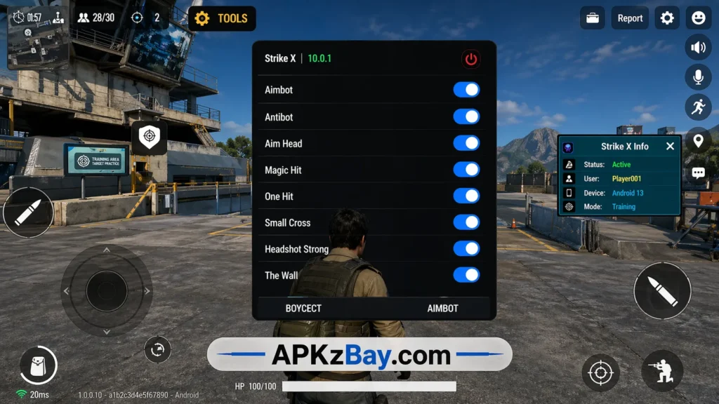 What Is Devil Ajit VIP APK gaming tool interface with mod menu features and APKzBay.com branding.