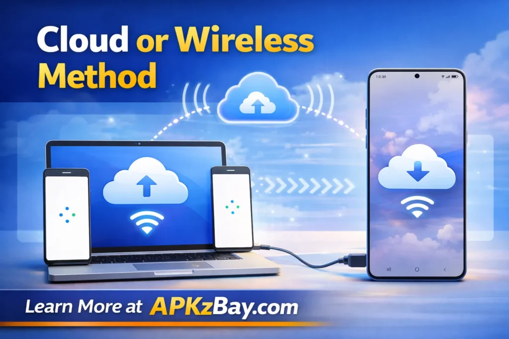 Cloud or wireless method showing file transfer between laptop and Android phone with cloud sync and APKzBay.com branding