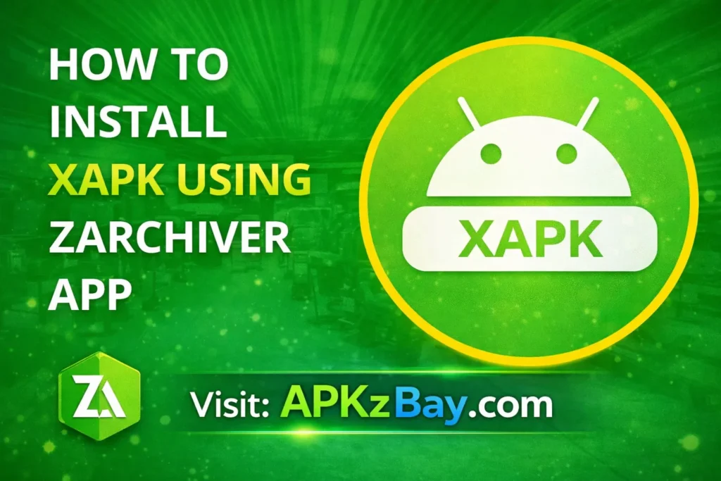 How to install XAPK using ZArchiver app graphic with XAPK icon, green background, and APKzBay.com website address