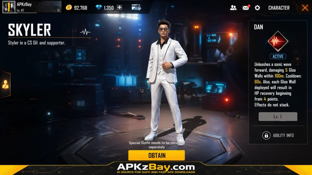 Key features of Devil Ajit VIP APK showing a premium gaming character interface with ability panel and APKzBay.com branding.