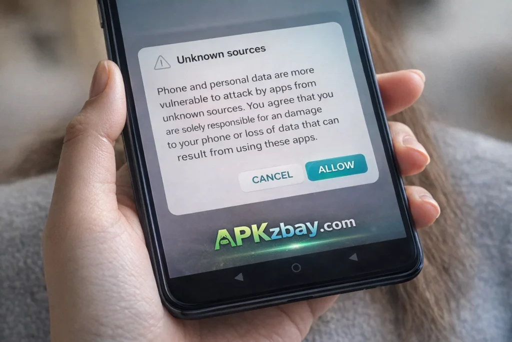 Girl holding Android phone showing unknown sources warning screen with APKzbay.com branding