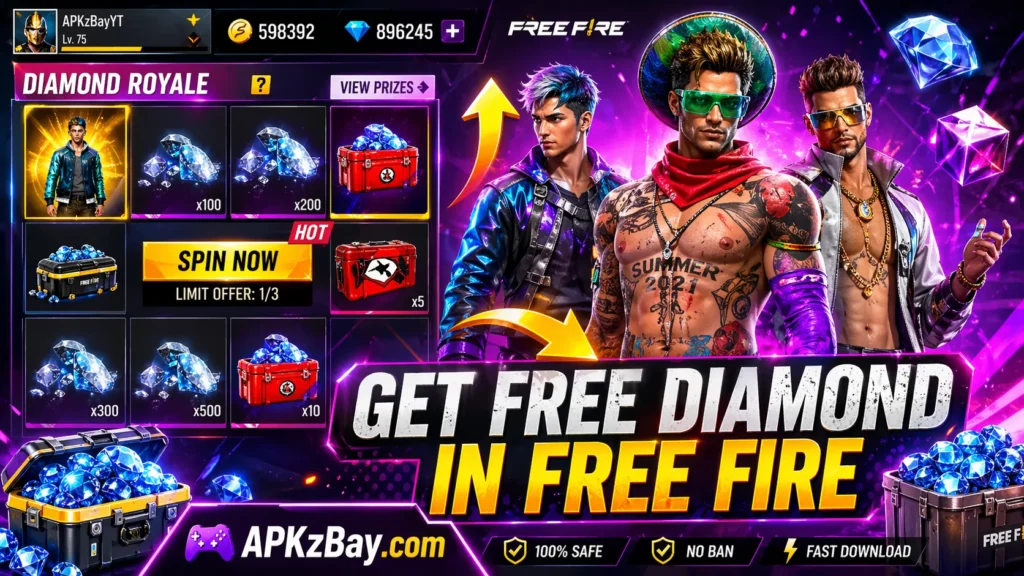 Devil Ajit VIP APK download for Android promotional gaming image with diamond rewards, character avatars, bonus panel, and APKzBay.com branding.