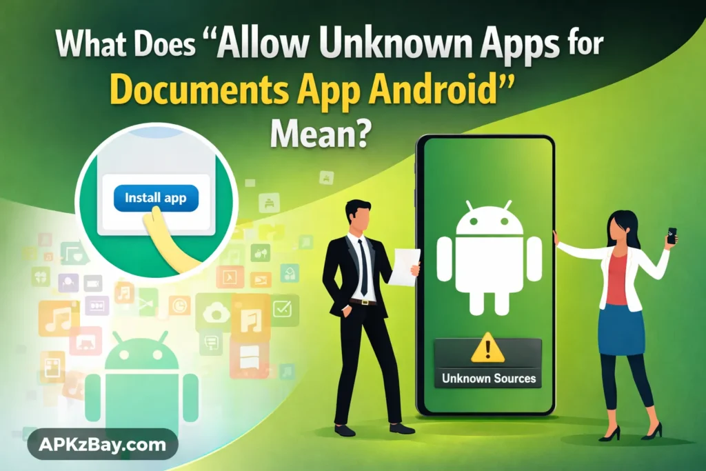 What does allow unknown apps for documents app Android mean illustration with APK install screen and Android security warning