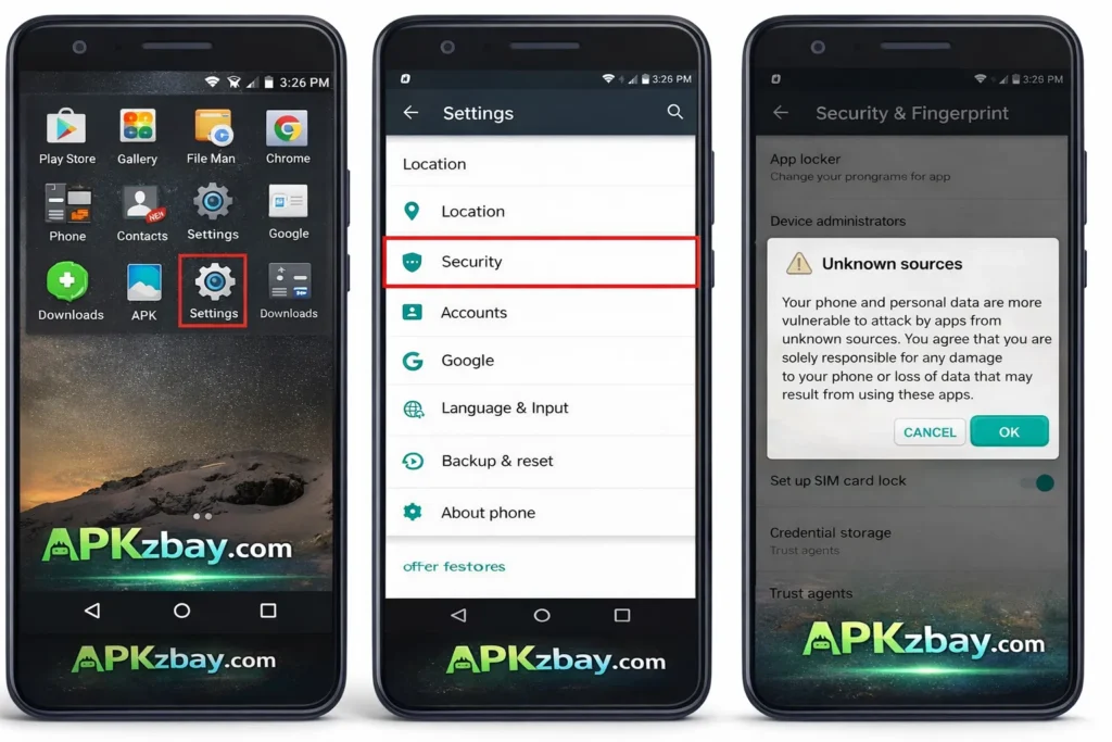 Android settings screenshots showing how to enable unknown sources with APKzBay.com branding