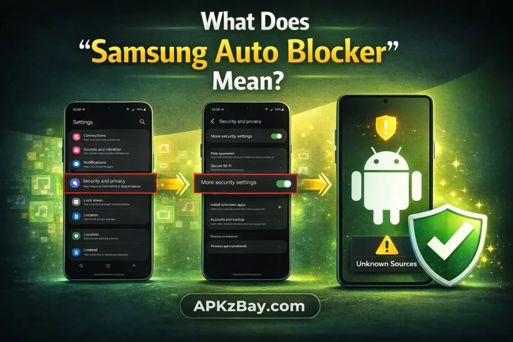 What does Samsung Auto Blocker mean on Android with security settings and unknown sources illustration