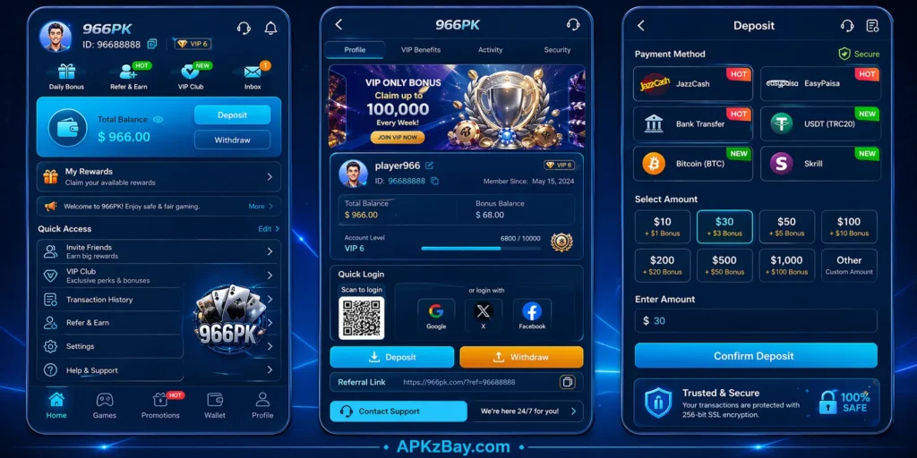 966PK game app interface showing profile, wallet balance, deposit options, VIP bonus, rewards, and APKzBay.com branding for Pakistan users