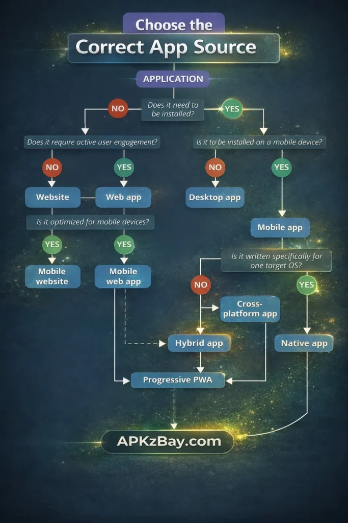 Choose the correct app source flowchart for Android APK installation with APKzBay.com branding