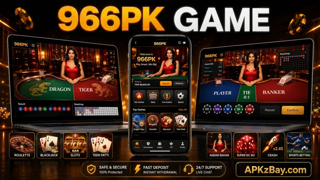 966PK game getting attention in Pakistan with live casino screens, mobile app dashboard, betting games, fast deposit features, and APKzBay.com branding
