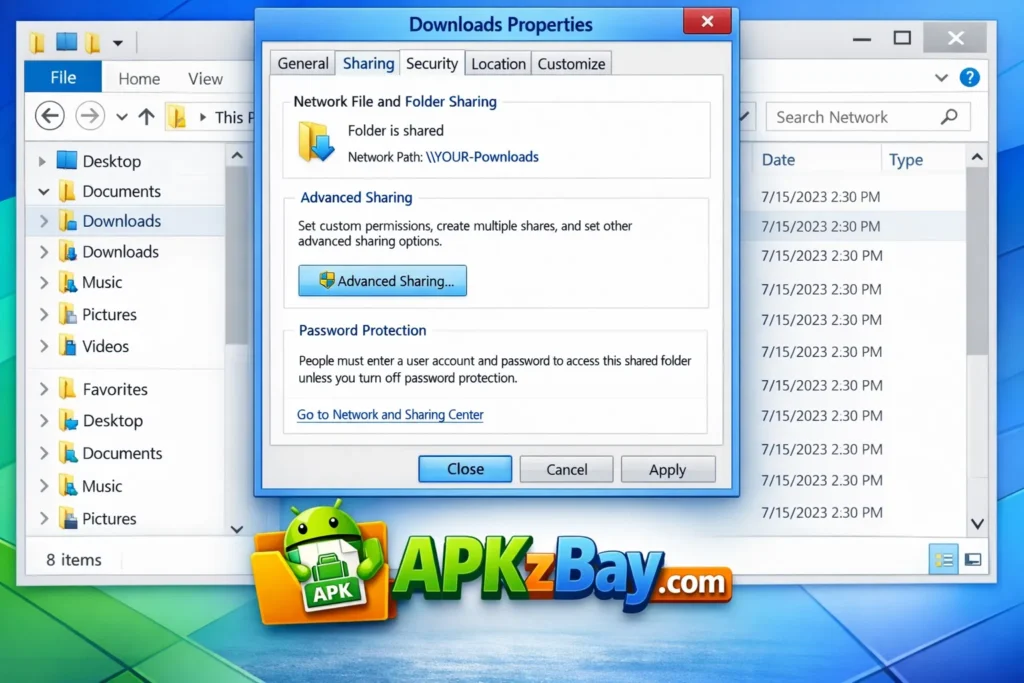 How to Install APK from Network Shared Folder on Android using Windows shared Downloads folder and APKzBay.com guide image