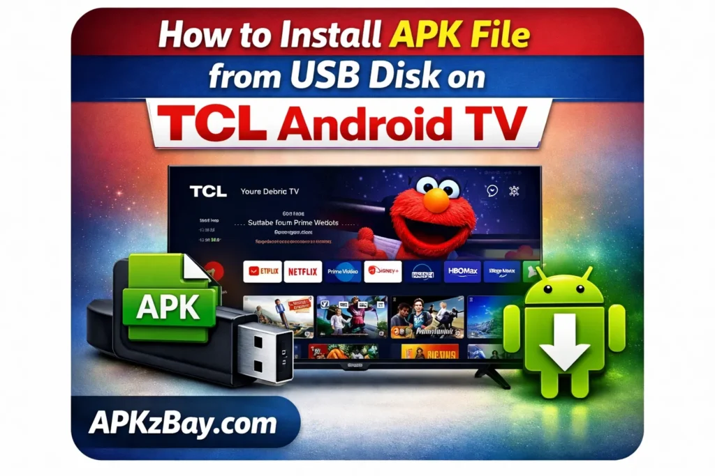 How to install APK file from USB disk on TCL Android TV featured image showing TCL TV, USB drive, APK icon, Android logo, and APKzBay.com