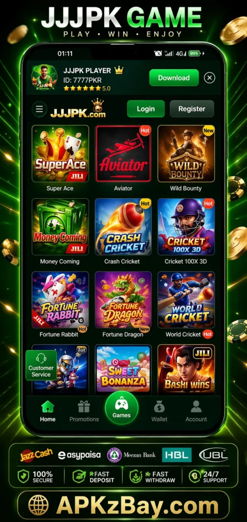 Multiple gaming categories in JJJPK Game showing slot games, cricket games, bonus tiles, and mobile app interface