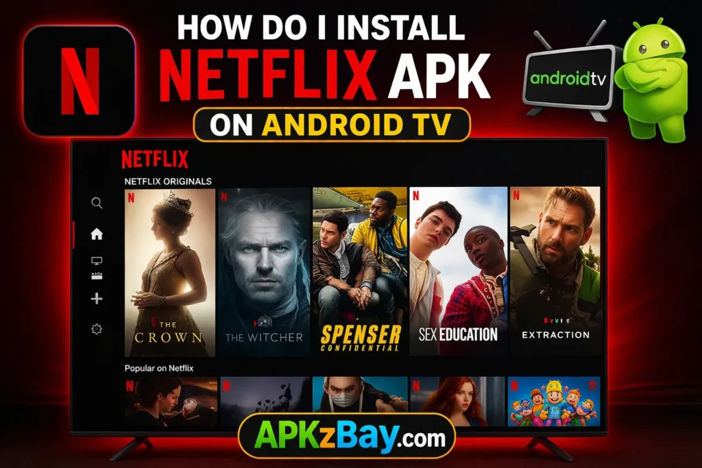 How do I install Netflix APK on Android TV screen showing Netflix home interface on a smart TV