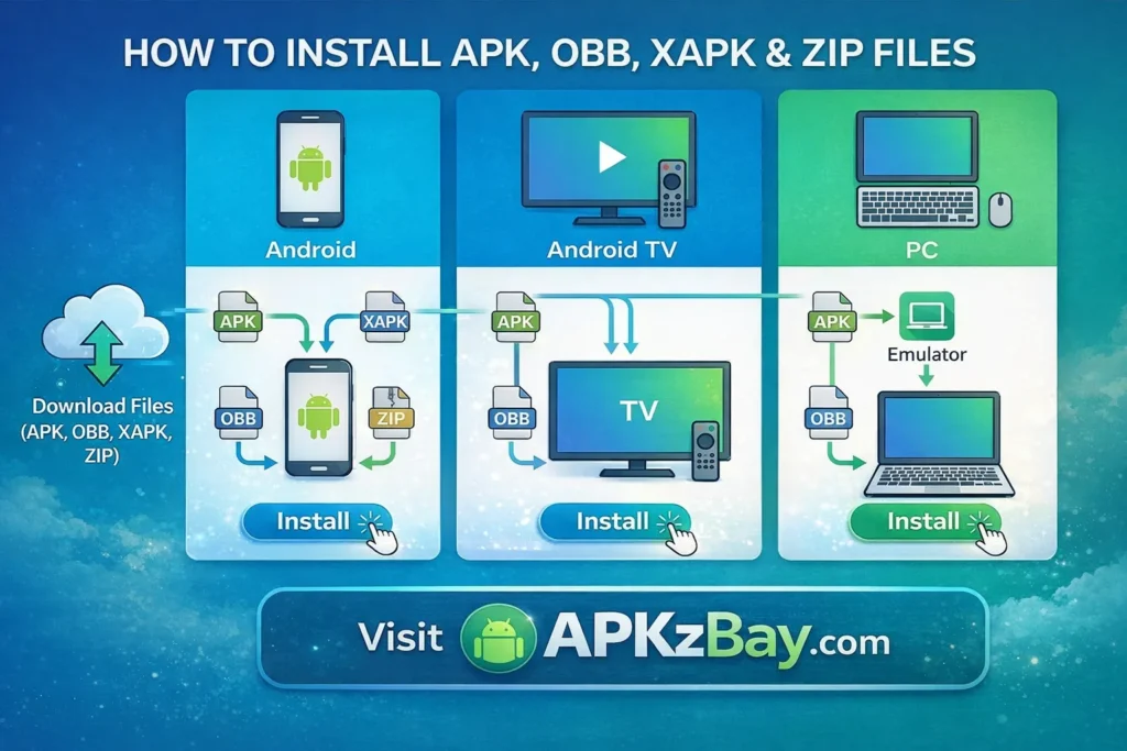 How to Install APK After Downloading ZIP File: How to install APK, OBB, XAPK and ZIP files on Android, Android TV, and PC with emulator – complete guide by APKzBay.com