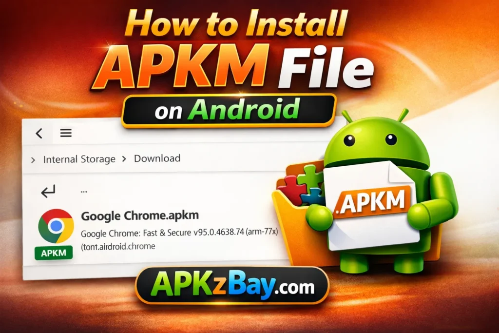 How to install APKM file on Android tutorial image with APKM package file, Android mascot, and APKzBay.com logo