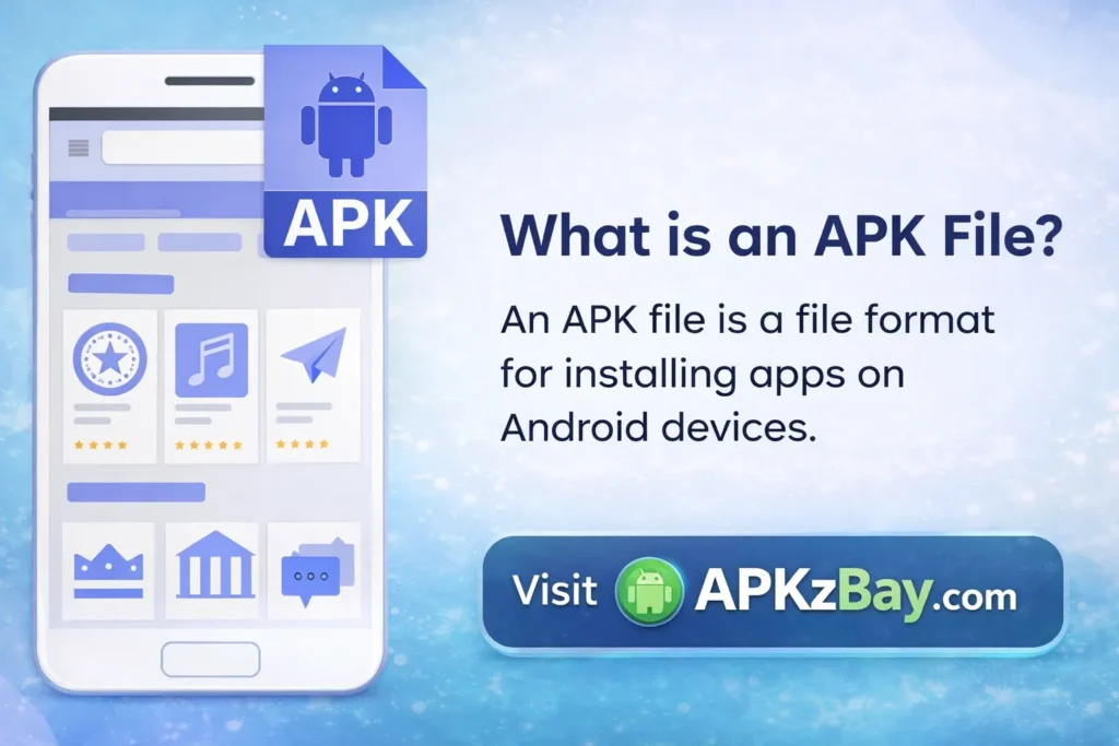 What is an APK file infographic explaining Android app installation format with APKzBay.com branding