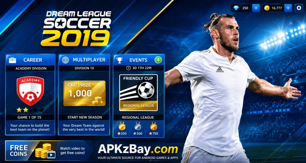 What Is Dream League 2019? classic football APK game interface with soccer player, career mode cards, and APKzBay.com branding