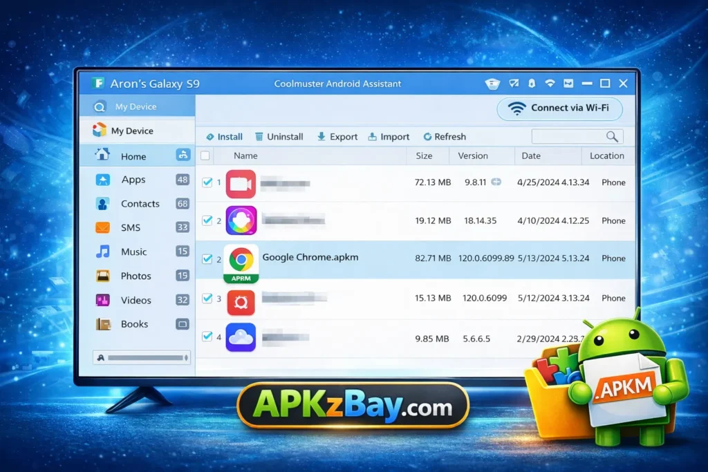 Coolmuster Android Assistant screen showing APKM file management on a computer with APKzBay.com branding