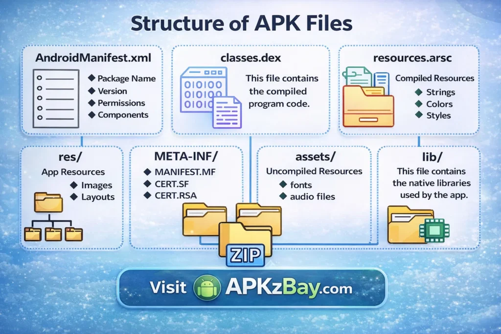 APK file structure infographic showing components like AndroidManifest.xml, classes.dex, and resources with APKzBay.com branding