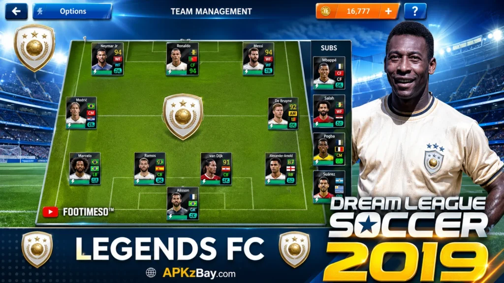 Dream League 2019 gameplay experience showing team management screen, football lineup, player cards, stadium background, and APKzBay.com branding