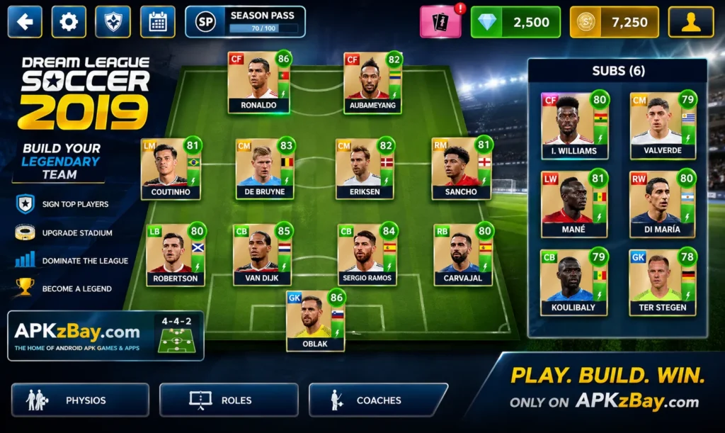 Build Your Own Football Club in Dream League 2019 showing squad formation, player cards, substitutes panel, and APKzBay.com branding