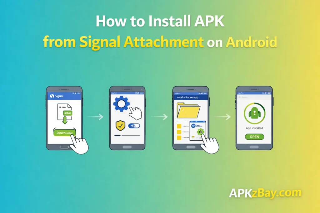 How to install APK from Signal attachment on Android infographic showing step-by-step phone screens, Signal download, settings, file install, and APKzBay.com branding
