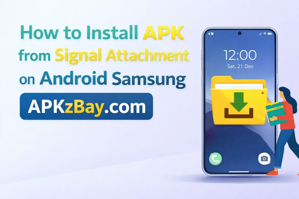 How to install APK from Signal attachment on Android Samsung illustration showing a phone, Signal-style file transfer, APK install concept, and APKzBay.com branding
