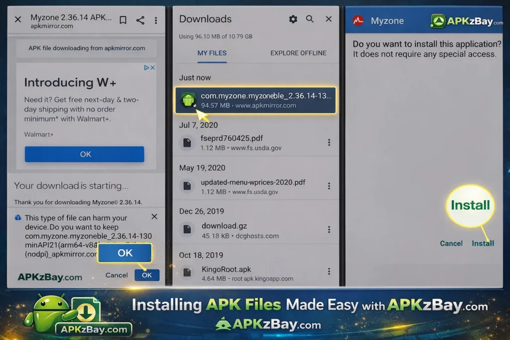 How to install APK without errors android guide showing APK download, file manager, and install screen with APKzBay.com