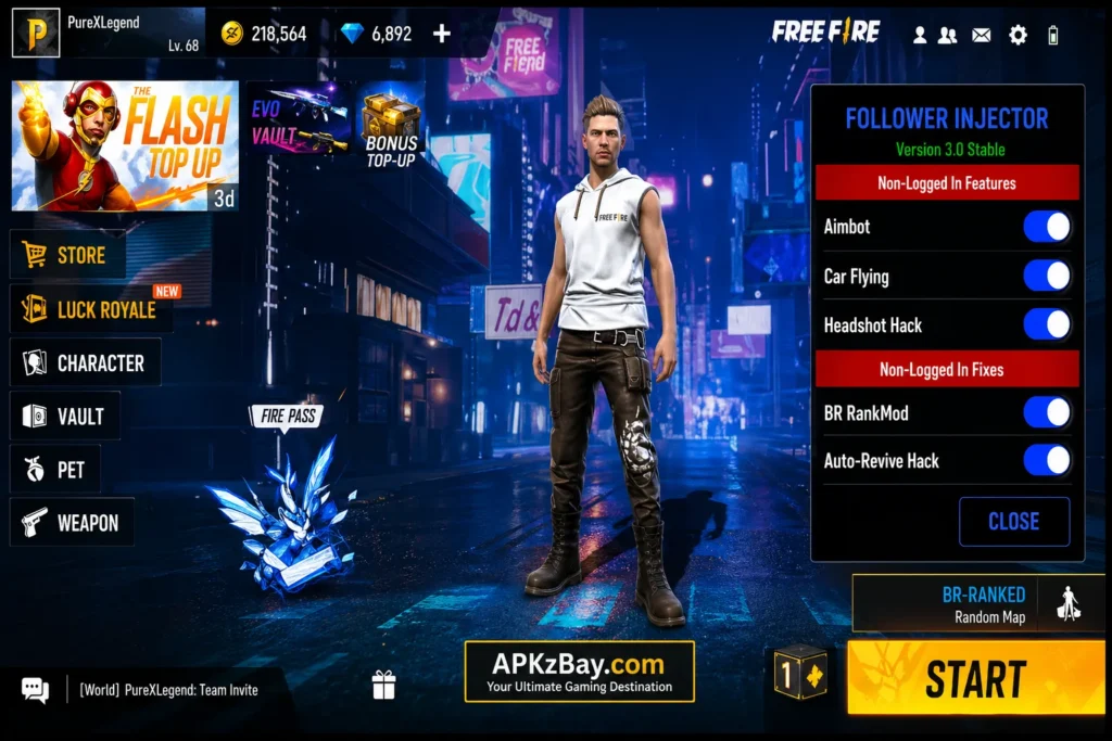 Follower 666 FF APK interface preview with game lobby, follower injector panel, start button, and APKzBay.com branding