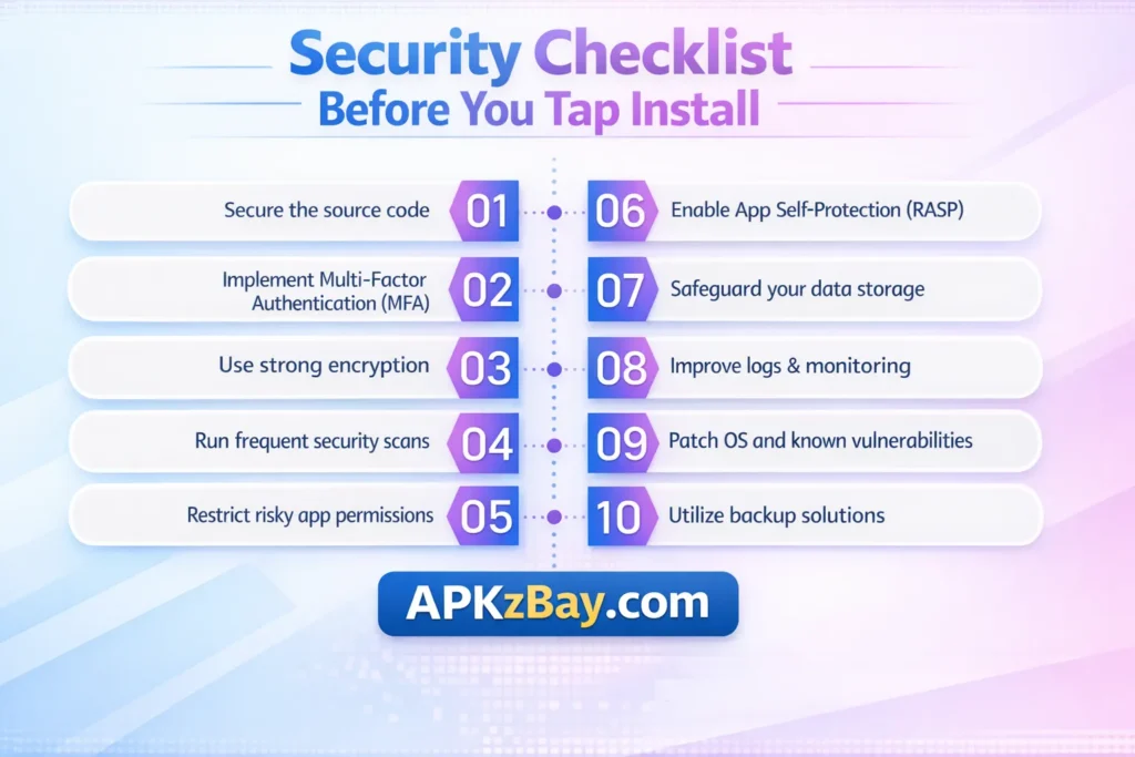 Security Checklist Before You Tap Install infographic showing a mobile app safety checklist, numbered security tips, and APKzBay.com branding