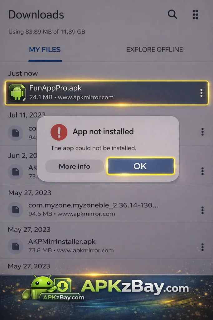 Samsung app not installed error screenshot with APK file in Downloads folder and APKzBay.com branding