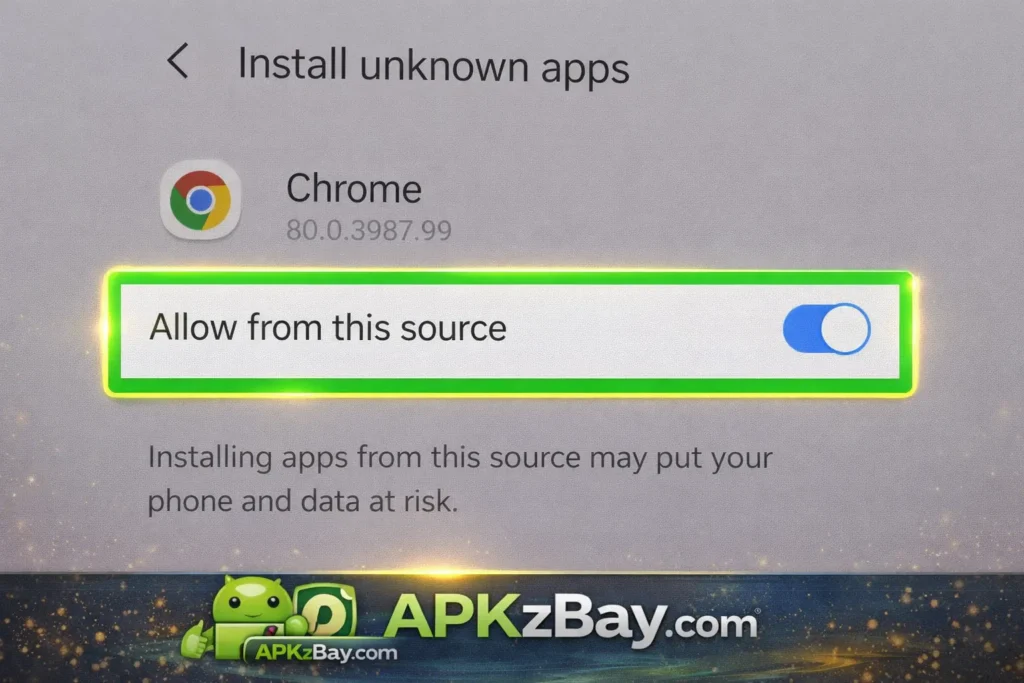 How to allow unknown sources on Android in Chrome settings with Allow from this source enabled and APKzBay.com branding