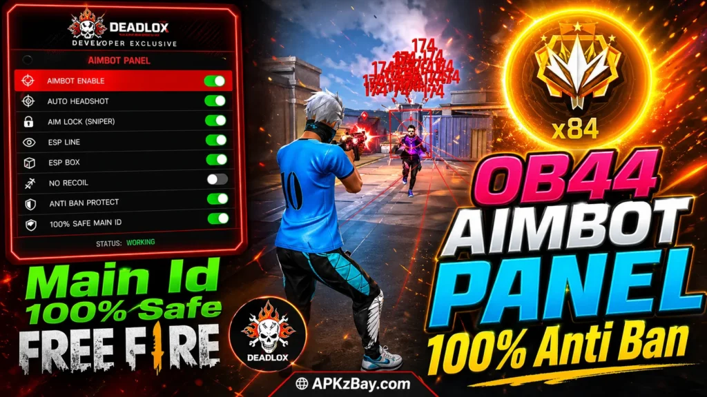 Deadlox Injector Panel OB40 APK gaming banner with neon control panel and APKzBay.com branding