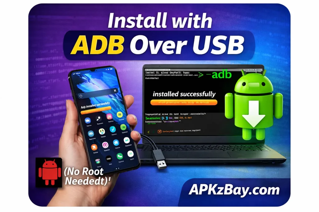 Install with ADB over USB featured image showing Android phone, laptop terminal, USB cable, Android logo, and APKzBay.com