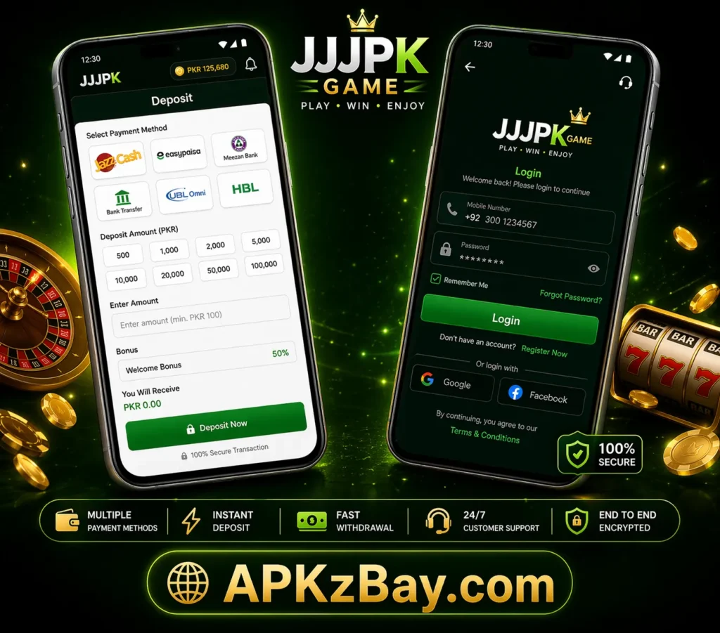 JJJPK Game APK Download on Android showing login screen, deposit options, and mobile app interface for Pakistan users