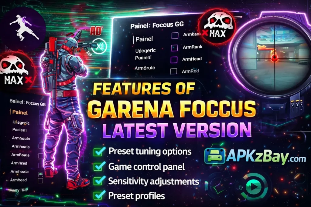 Features of Garena Foccus Latest Version banner with neon gaming character, scope view, feature checklist, and APKzBay.com branding
